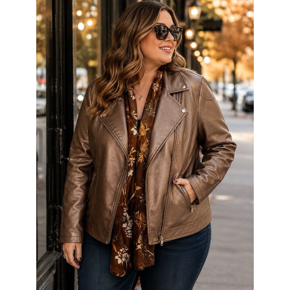 Royalty For Me 2X Bronze Faux Leather Moto Jacket w/ Floral Scarf Plus Size